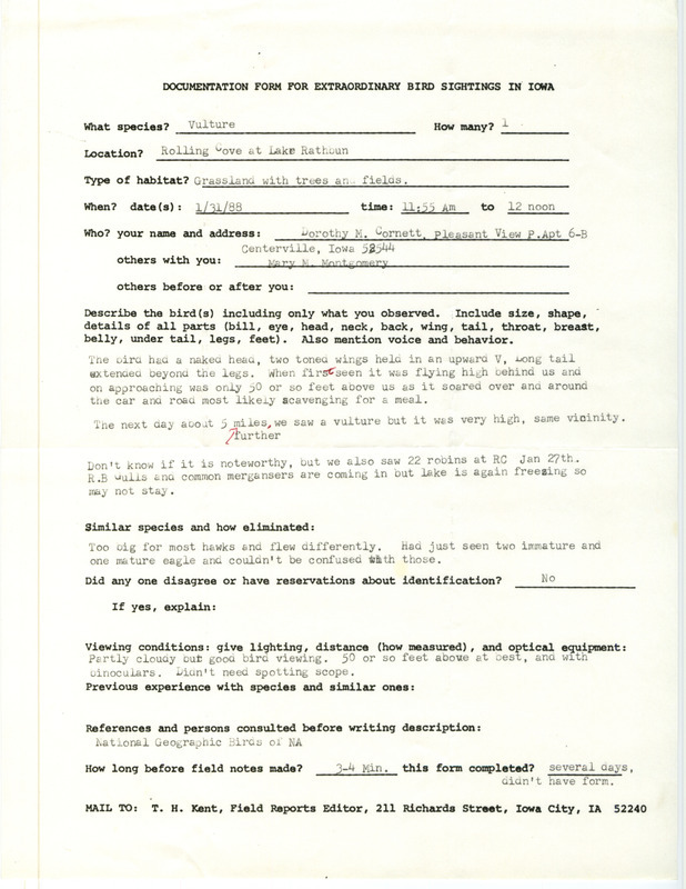 Rare bird documentation form for a Turkey Vulture at Rolling Cove at Lake Rathbun in Appanoose County, IA on January 31, 1988.