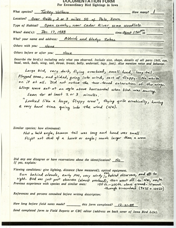 Rare bird documentation form for a Turkey Vulture at Palo in Linn County, IA on December 17, 1988.