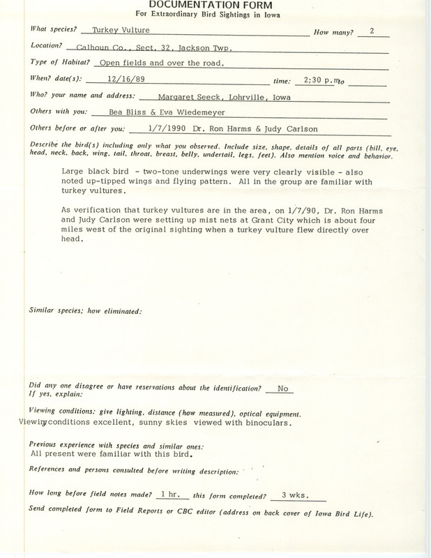 Rare bird documentation form for two Turkey Vultures at Jackson Township in Calhoun County, IA on December 16, 1989.