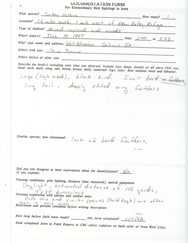 Rare bird documentation form for a Turkey Vulture at Eden Valley Refuge in Jackson County, IA on December 19, 1997.