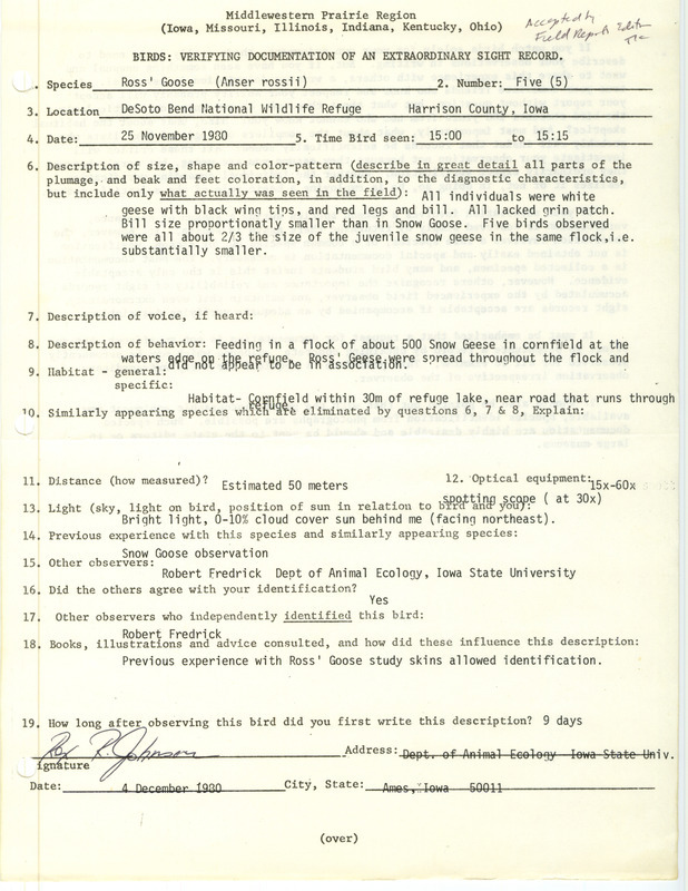 Rare bird documentation form for five Ross' Geese at DeSoto Bend National Wildlife Refuge in Harrison County, IA on November 25, 1980.