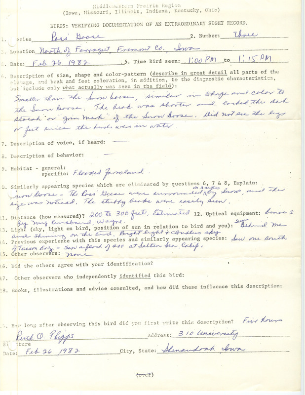 Rare bird documentation form for three Ross' Geese at Farragut in Fremont County, IA on February 26, 1982.