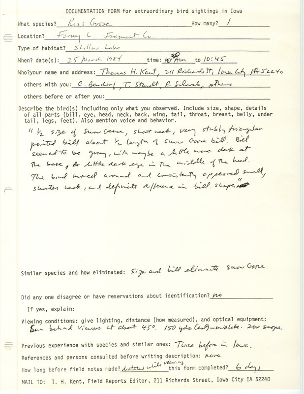 Rare bird documentation form for a Ross' Goose at Forneys Lake in Fremont County, IA on March 25, 1984.