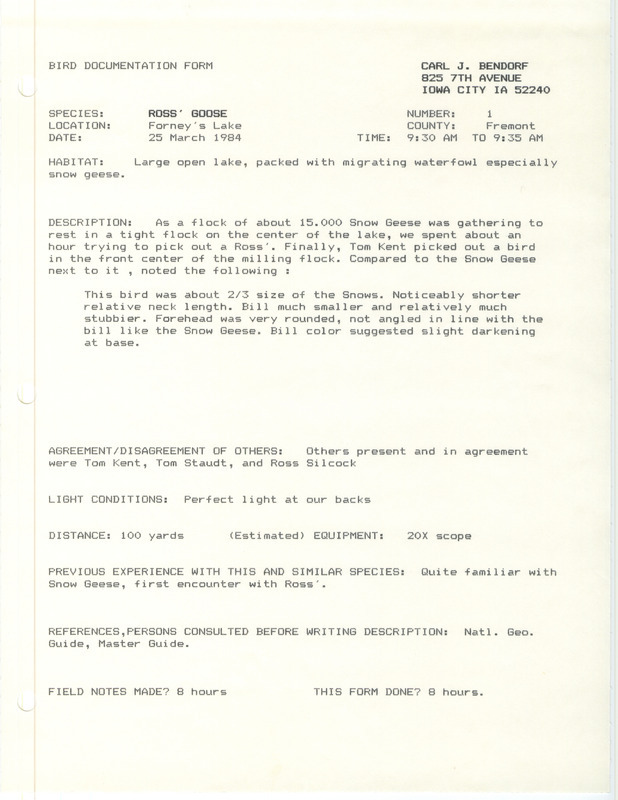 Rare bird documentation form for a Ross' Goose at Forneys Lake in Fremont County, IA on March 25, 1984.