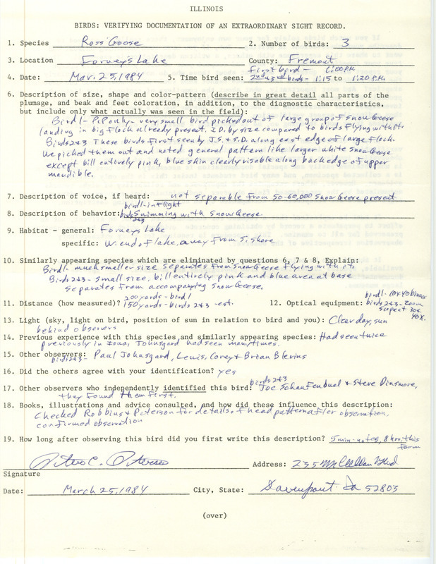 Rare bird documentation form for three Ross' Geese at Forneys Lake in Fremont County, IA on March 25, 1984.