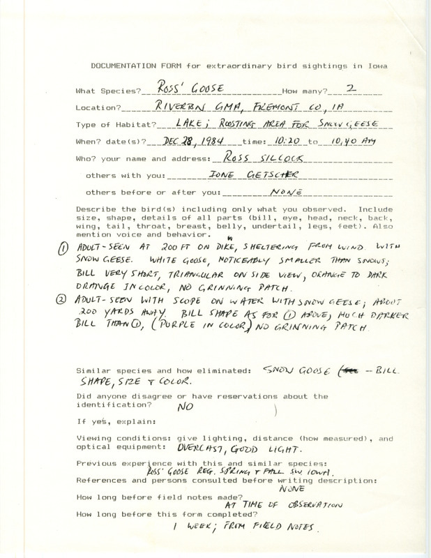 Rare bird documentation form for two Ross' Geese at Riverton Game Management Area in Fremont County, IA on December 28, 1984.