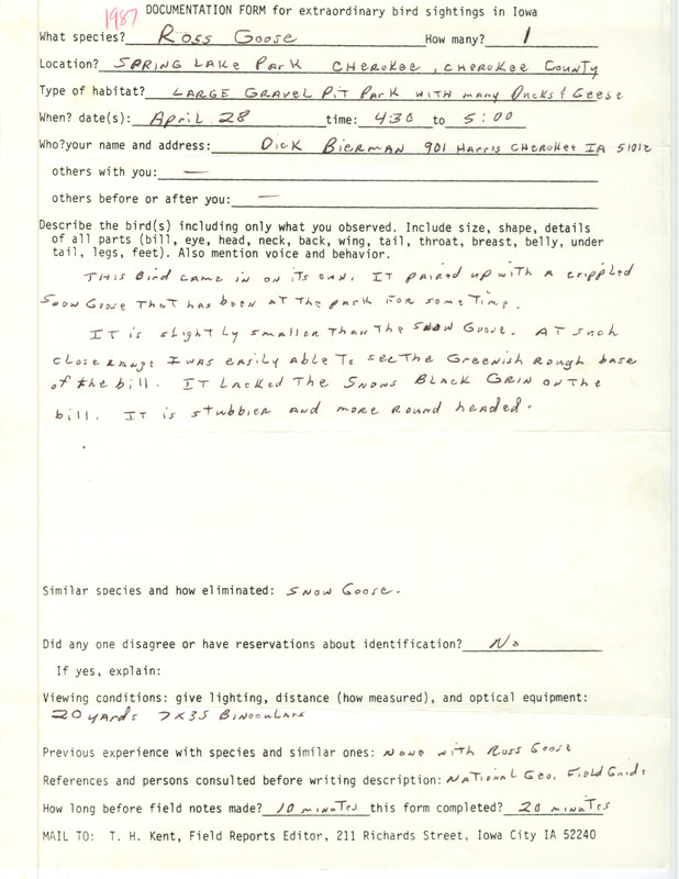 Rare bird documentation form for a Ross' Goose at Spring Lake Park in Cherokee in Cherokee County, IA on April 28, 1987.