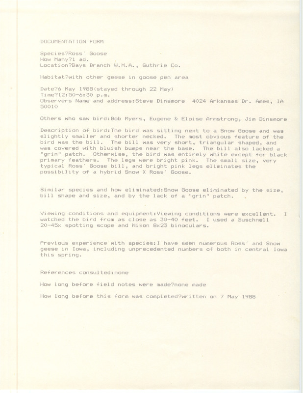 Rare bird documentation form for a Ross' Goose at Bays Branch Wildlife Management Area in Guthrie County, IA on May 6, 1988.