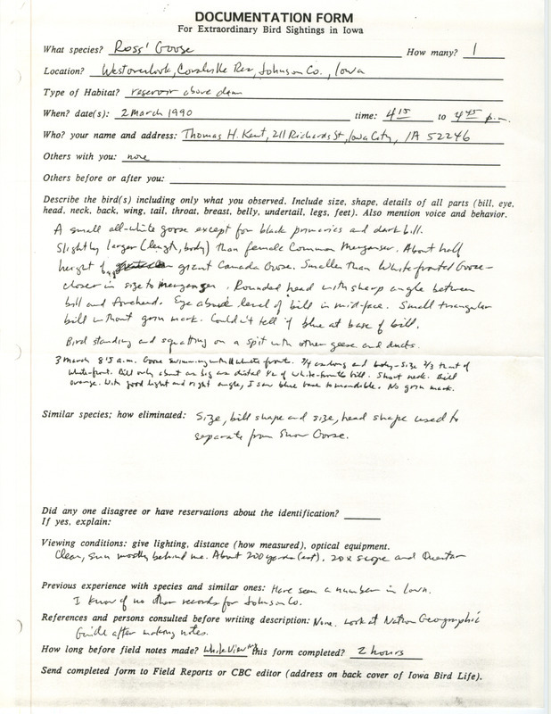 Rare bird documentation form for a Ross' Goose at West Overlook at Coralville Reservoir in Johnson County, IA on March 2, 1990.