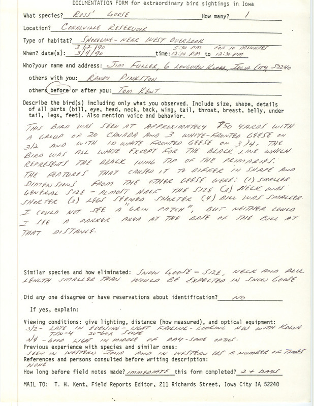 Rare bird documentation form for a Ross' Goose at Coralville Reservoir in Johnson County, IA on March 2, 1990.