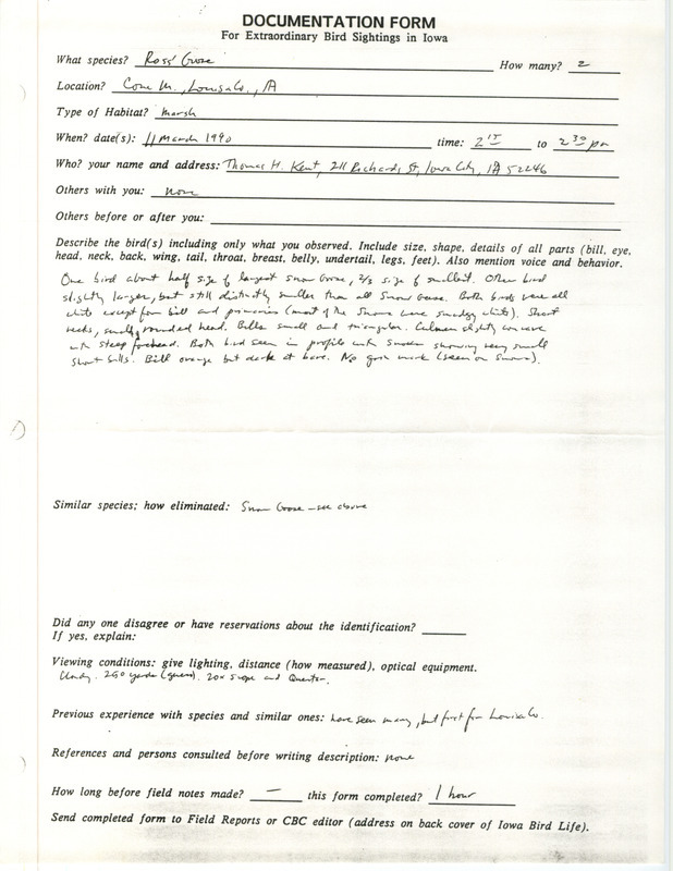 Rare bird documentation form for two Ross' Geese at Cone March in Louisa County, IA on March 11, 1990.