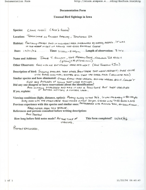 Rare bird documentation form for a Ross' Goose at Terra Lake in Johnston in Polk County, IA on December 1, 1996.