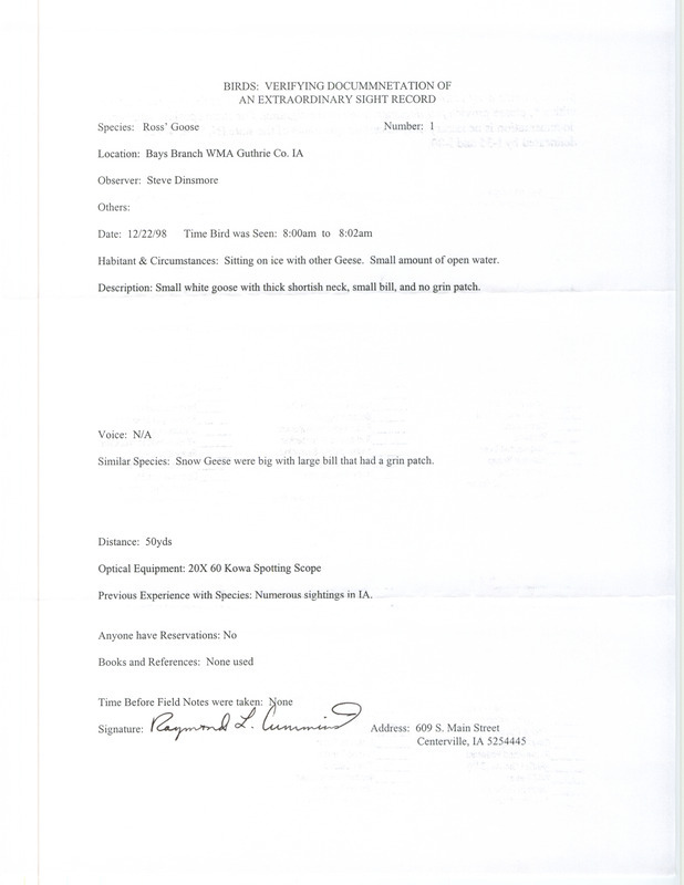 Rare bird documentation form for a Ross' Goose at Bays Branch Wildlife Management Area in Guthrie County, IA on December 22, 1998.