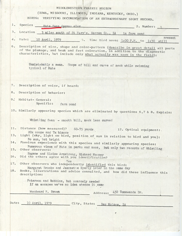 Rare bird documentation form for a Red-tailed Hawk at St. Mary's in Warren County, IA on April 10, 1979.