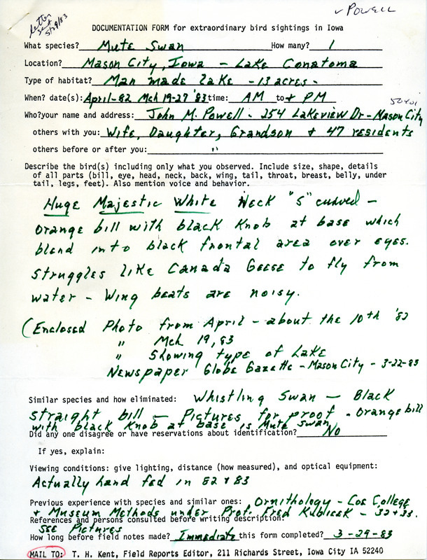 Rare bird documentation form for a Mute Swan at Lake Cona Toma in Mason City in Cerro Gordo County, IA on April 1982. It also includes an article "Sign of spring" in the Mason City Globe Gazette on March 22, 1983 about the bird sighting.