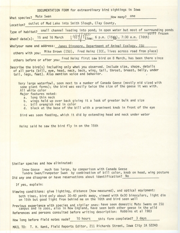 Rare bird documentation form for a Mute Swan at Mud Lake in Smith Slough in Clay County, IA on March 15, 1984.