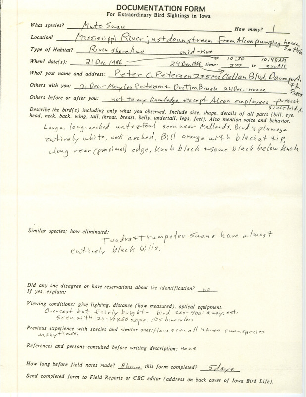 Rare bird documentation form for a Mute Swan at Mississippi River downriver from Alcoa pumping house in Scott County, IA on December 21, 1986.