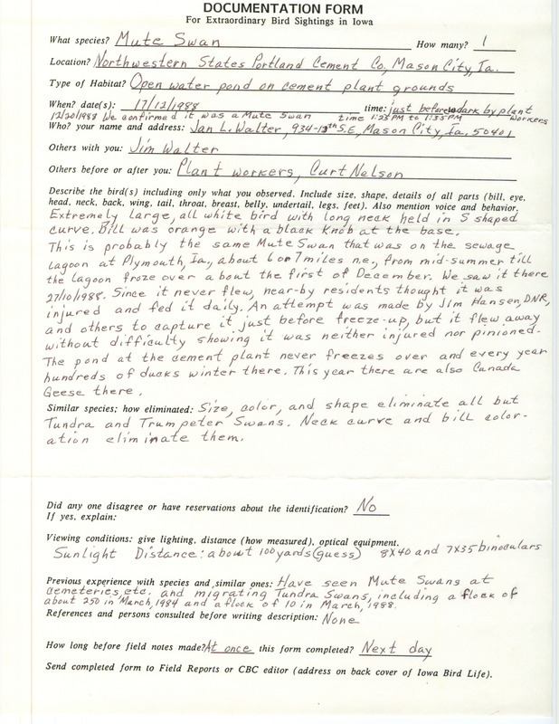 Rare bird documentation form for Mute Swan at Northwestern State Portland Cement Co. (Lehigh Cement Co. now) in Mason City in Cerro Gordo County, IA on December 17, 1988.