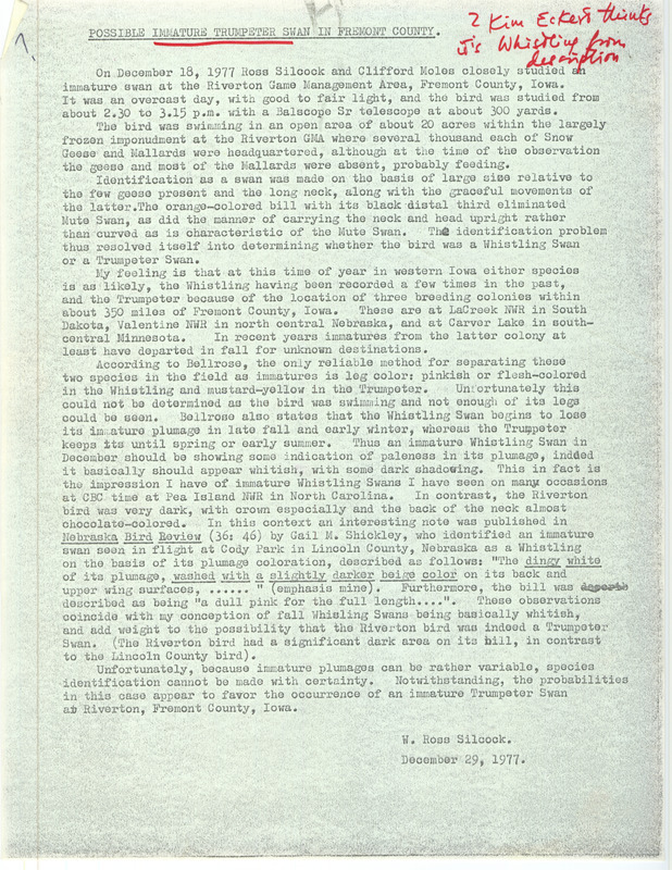 Documentation of a rare bird sighting by Ross Silcock and Clifford Moles for a Trumpeter Swan at Riverton Game Management Area in Fremont County, IA on December 18, 1977.