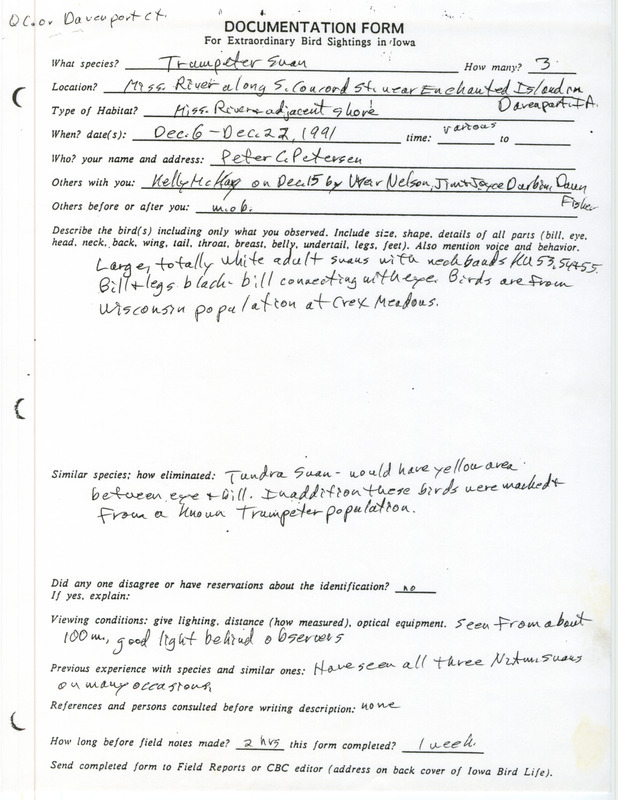 Rare bird documentation form for three Trumpeter Swans at Mississippi River near Enchanted Island in Davenport in Scott County, IA on December 6, 1991.