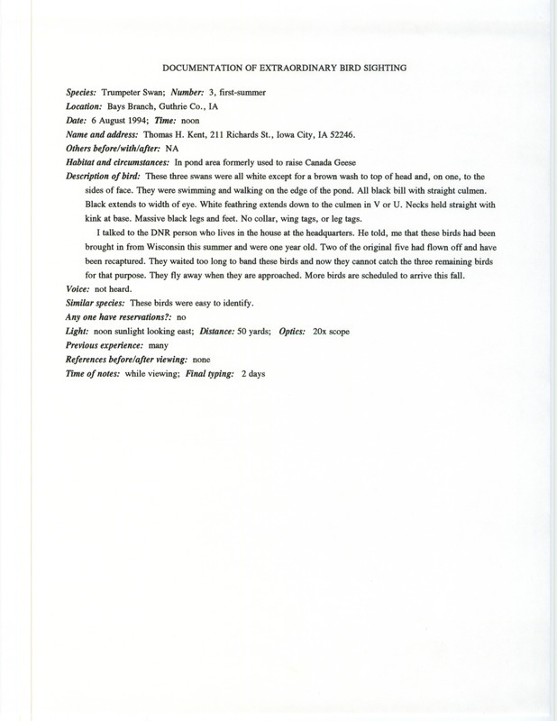 Rare bird documentation form for three Trumpeter Swans at Bays Branch in Guthrie County, IA on August 6, 1994.