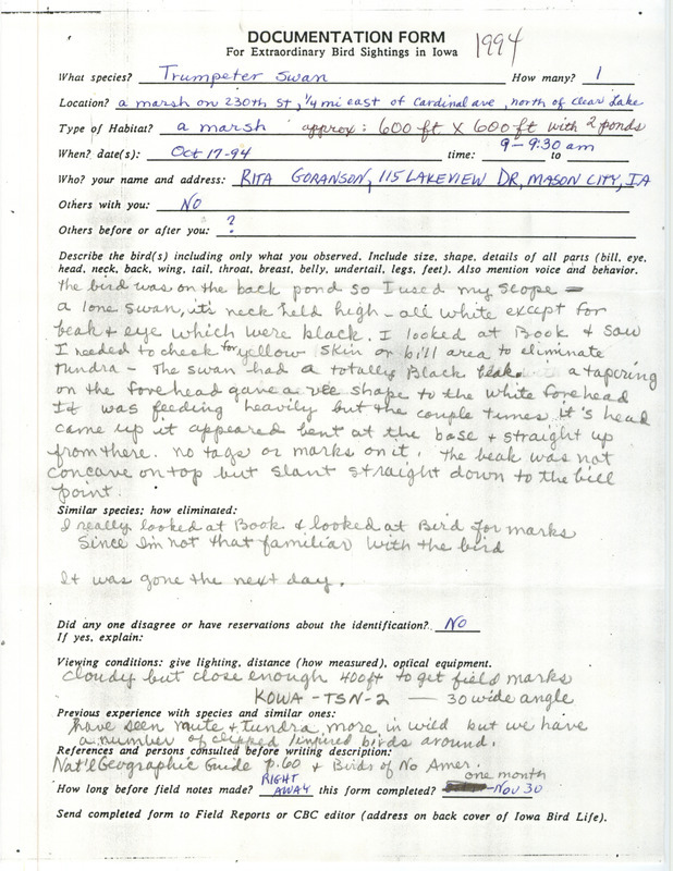 Rare bird documentation form for a Trumpeter Swan at Clear Lake in Cerro Gordo County, IA on October 17, 1994.