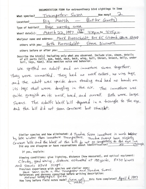 Rare bird documentation form for two Trumpeter Swans at Big March in Butler County, IA on March 22, 1997.