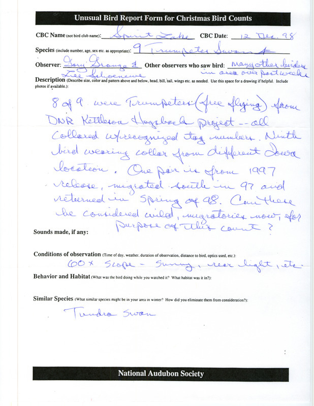 Rare bird sighting during the Spirit Lake Christmas Bird County for nine Trumpeter Swans at Spirit Lake in Dickinson County, IA on December 12, 1998.
