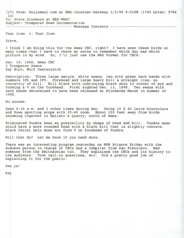 Email from Kayleen Niyo to Steven Dinsmore reporting a sighting of 3 Trumpeter Swans on December 19, 1998 during the Ames Christmas Bird County.