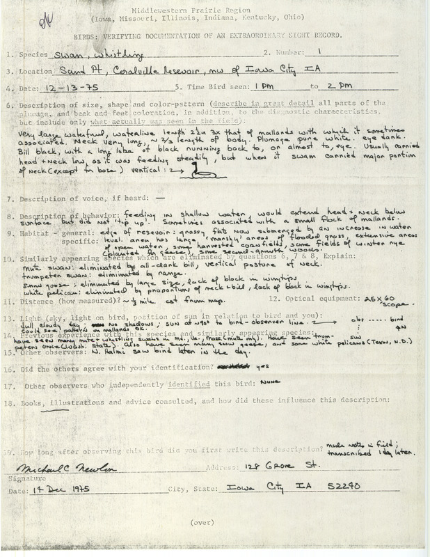 Rare bird documentation form for a Tundra Swan at Sand Point at Coralville Reservoir in Johnson County, IA on December 13, 1975.