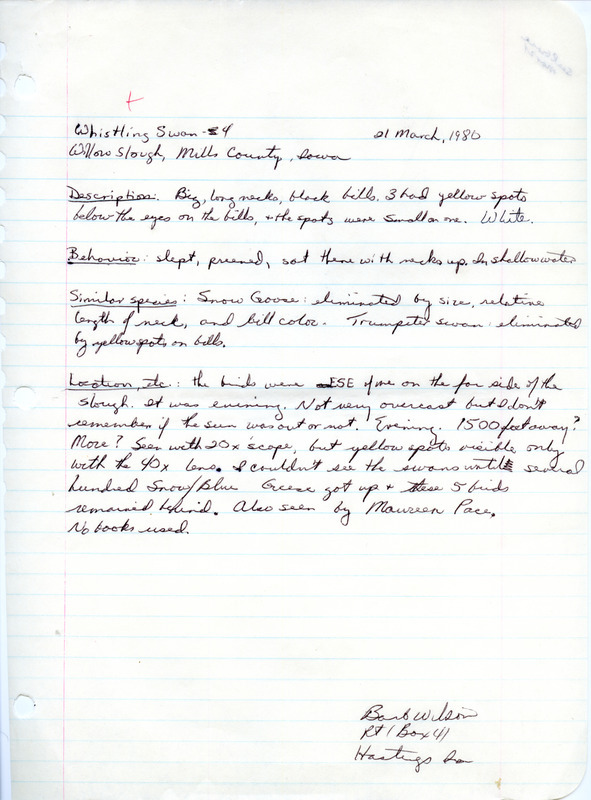 Rare bird documentation form for four Tundra Swans at Willow Slough in Mills County, IA on March 21, 1980.