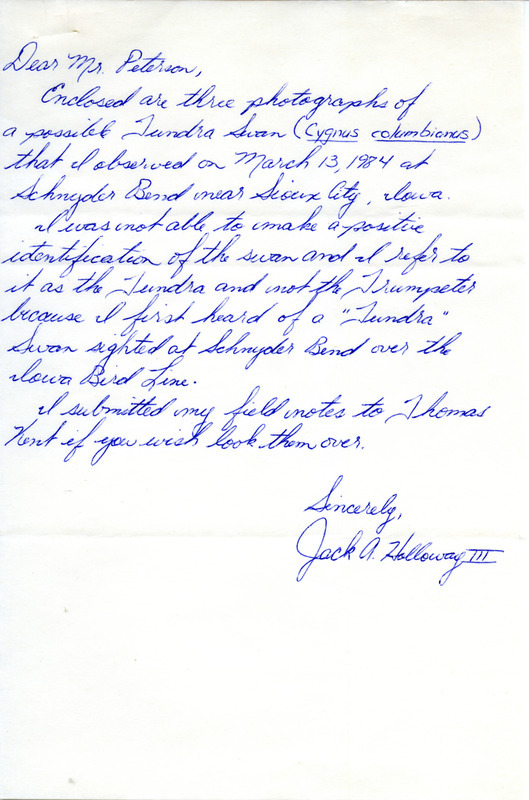 Letter about photographs (not included) of a rare bird sighting of Tundra Swan at Snyder Bend in Woodbury County, IA. It is from Jack A. Holloway III to Peter C. Petersen on March 13, 1984.