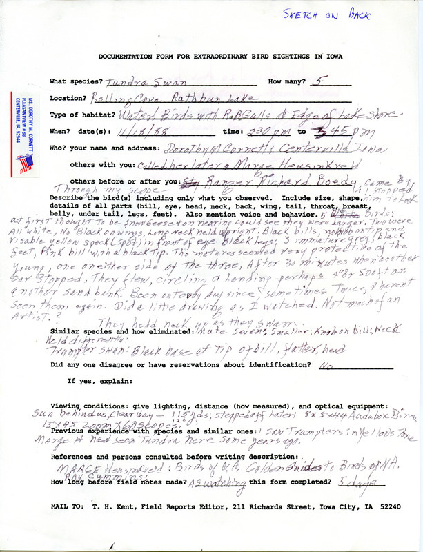 Rare bird documentation form for five Tundra Swans at Rathbun Lake in Appanoose County, IA on November 18, 1988.