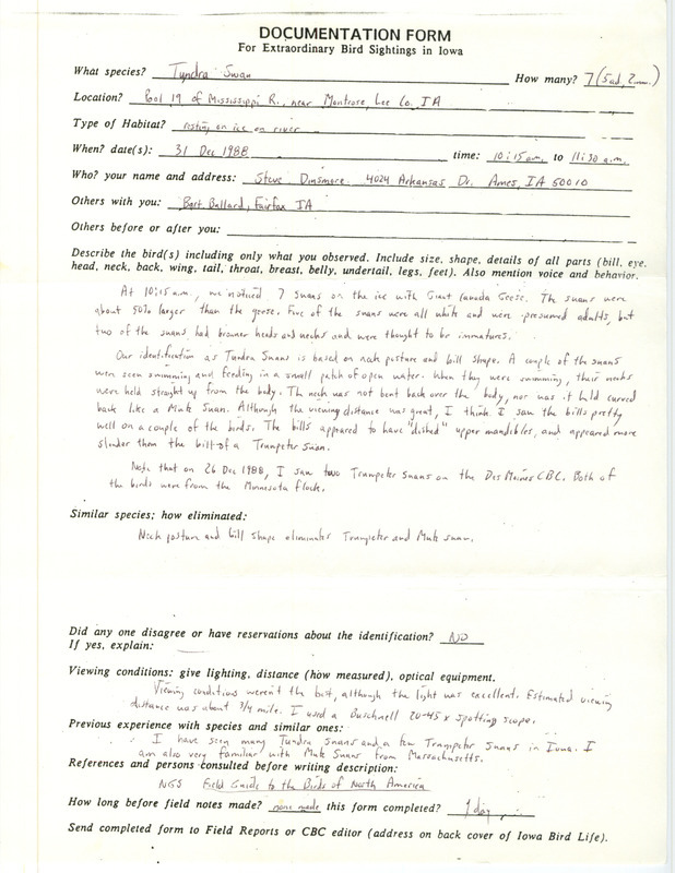 Rare bird documentation form for seven Tundra Swans at Pool 19 near Montrose in Lee County, IA on December 31, 1988.