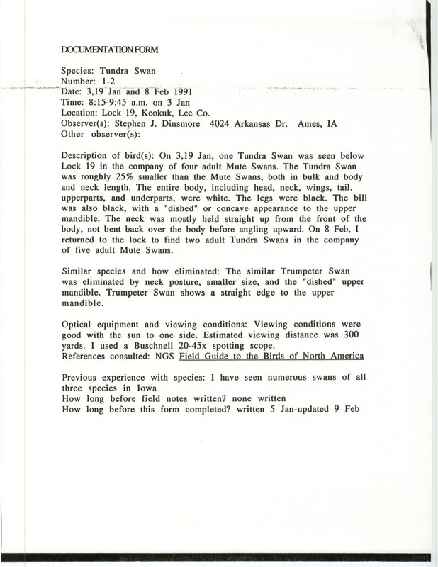 Rare bird documentation form for one to two Tundra Swans at Lock 19 in Keokuk in Lee County, IA on January 3 and 19 as well as February 8, 1991.