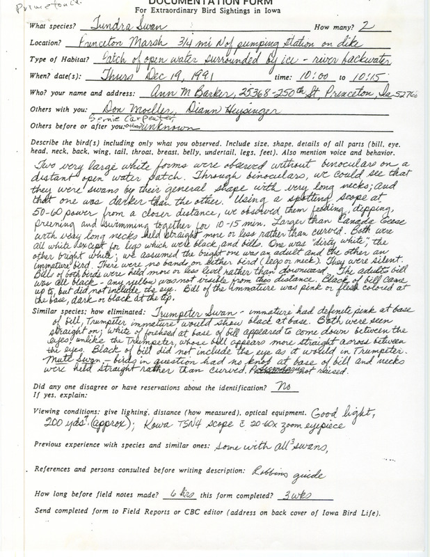 Rare bird documentation form for two Tundra Swans at Princeton March in Scott County, IA on December 19, 1991.