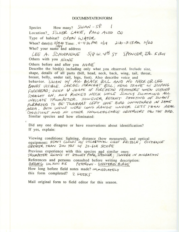 Rare bird documentation form for a Swan Species at Silver Lake in Palo Alto County, IA on November 19, 1994.