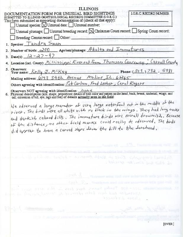 Rare bird documentation form for over two hundred Tundra Swans at Thomson Causeway in Carroll County, IL on December 27, 1997.