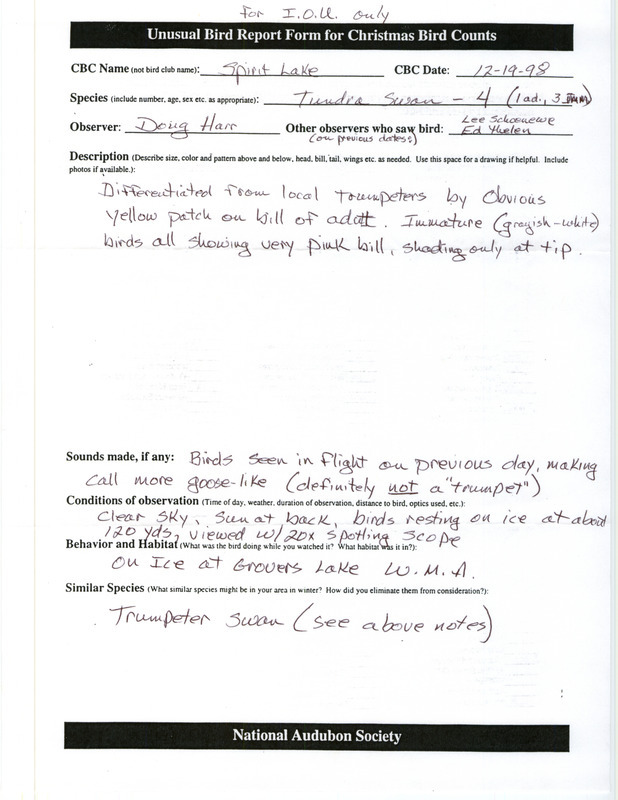 Rare bird documentation form for four Tundra Swans at Spirit Lake in Dickinson County, IA on December 19, 1998.