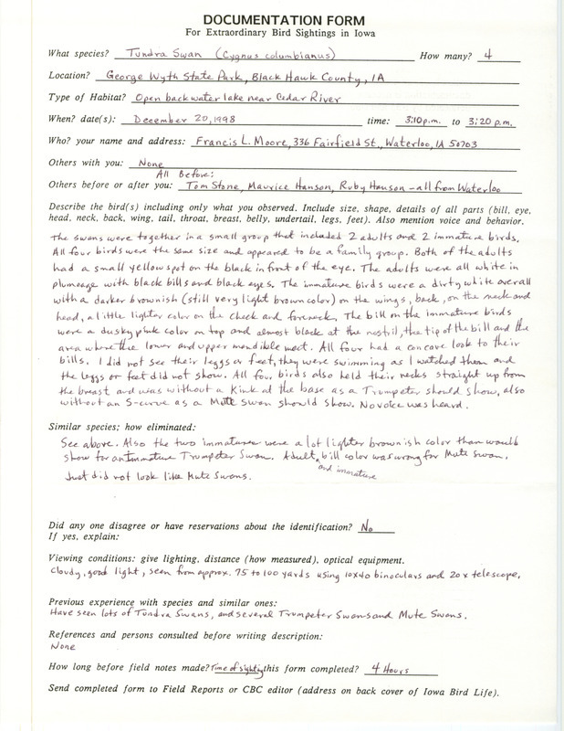 Rare bird documentation form for four Tundra Swans at George Wyth State Park in Black Hawk County, IA on December 20, 1998.