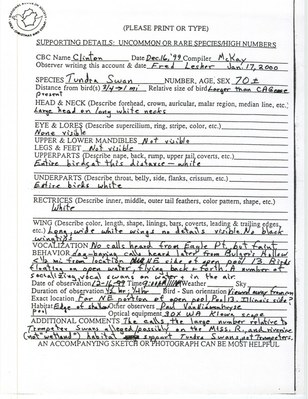 Rare bird documentation form for seventy or more Tundra Swans at Pool 13 in Clinton County, IA on December 16, 1999.