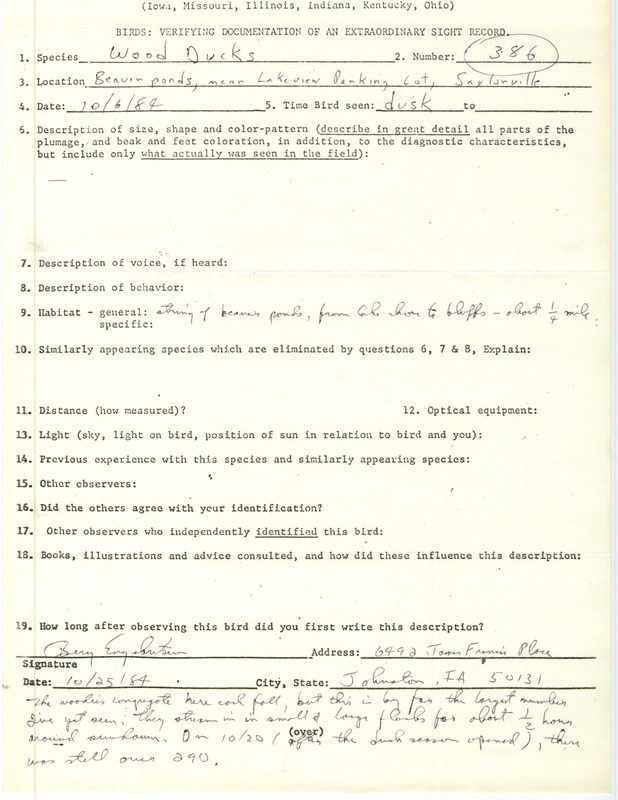 Rare bird documentation form for three hundred eighty-six Wood Ducks at Lakeview Recreation Area at Saylorville Lake in Polk County, IA on October 6, 1984.