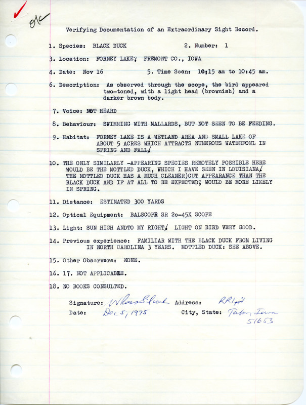 Rare bird documentation form for a Black Duck at Forneys Lake in Fremont County, IA on November 16, 1975.