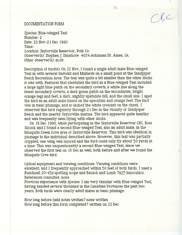 Rare bird documentation form for two Blue-winged Teals at Saylorville Reservoir in Polk County, IA on November 22, 1990.