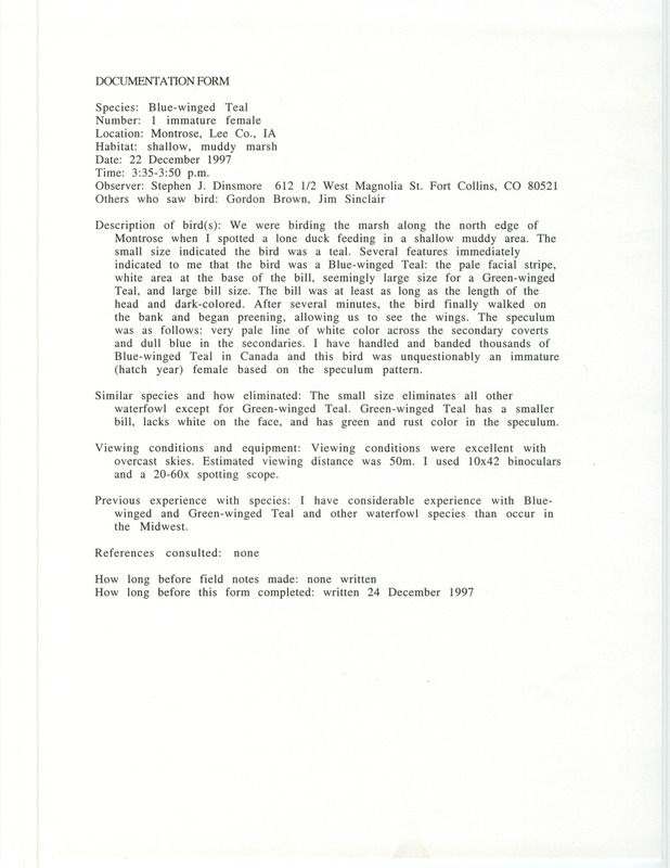 Rare bird documentation form for a Blue-winged Teal at Montrose in Lee County, IA on December 22, 1997.