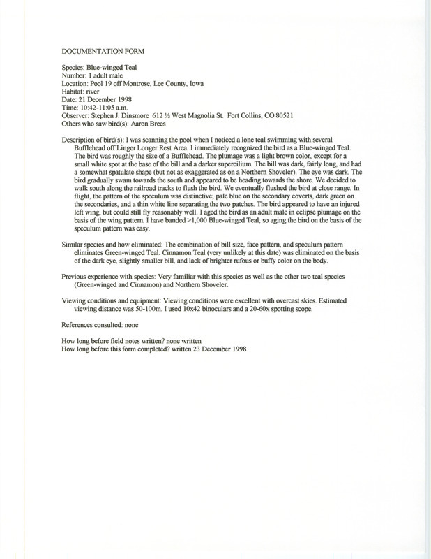 Rare bird documentation form for a Blue-winged Teal at Pool 19 in Montrose in Lee County, IA on December 21, 1998.