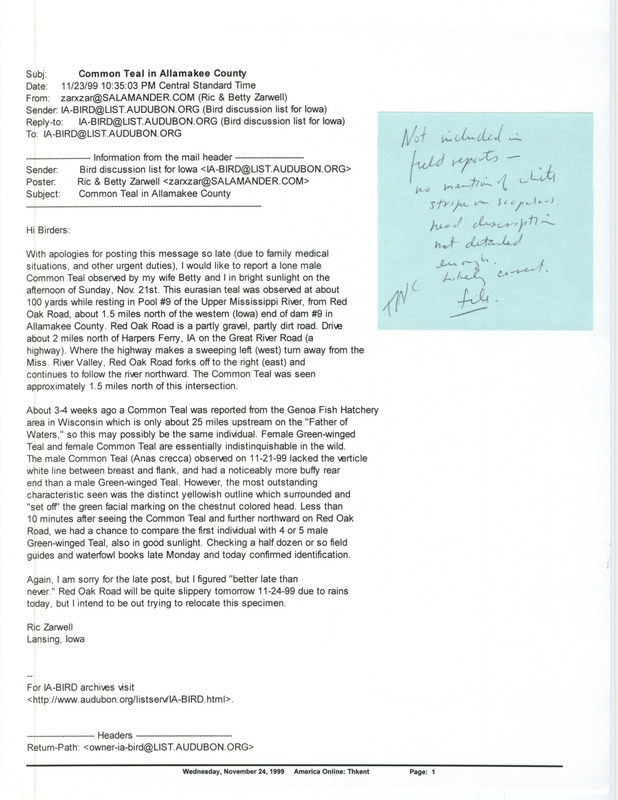 Email from Ric Zarwell to IA-BIRD list dated November 23, 1999. Zarwell reports the sighting of a Blue-winged Teal at Pool #9 on the Mississippi River at Allamakee County, IA November 21, 1999.