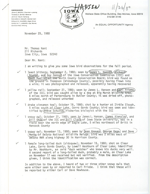 Field notes contributed by James L. Hansen in a letter to Thomas H. Kent. Highlights of the field notes include a deceased Cinnamon Teal at Zirbel Slough.