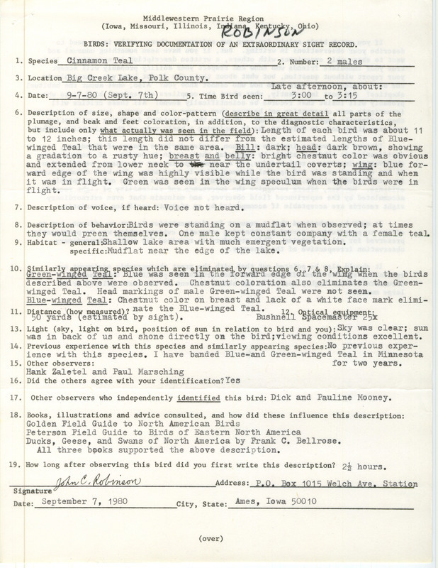 Rare bird documentation form for two Cinnamon Teals at Big Creek Lake in Polk County, IA on September 7, 1980.