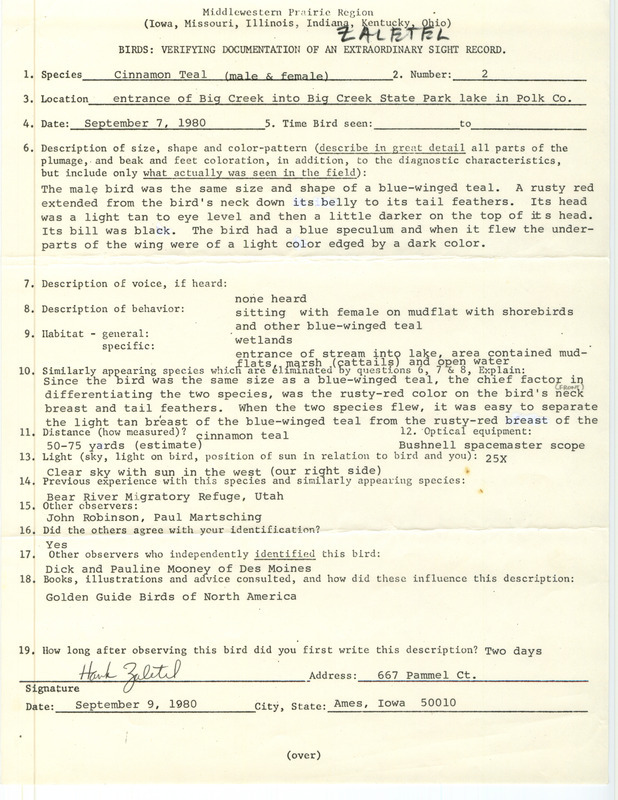 Rare bird documentation form for two Cinnamon Teals at Big Creek State Park in Polk County, IA on September 7, 1980.